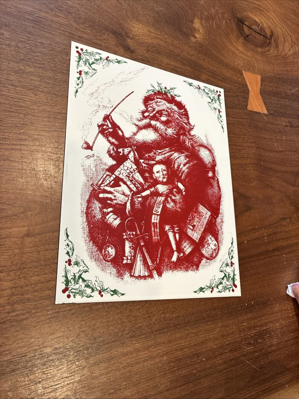 VTG Christmas Santa With Doll Porcelain Enamel Metal Sign Ande Rooney 8"x 10.5"
